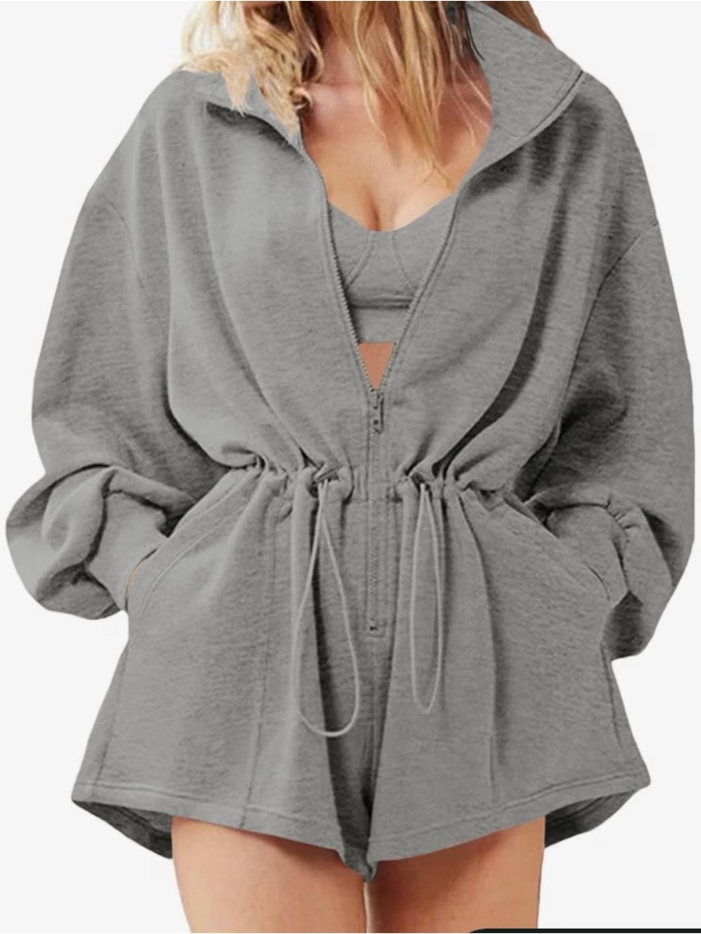 Tongmingyun Gray Zip Up Cinched Waist Romper Size M